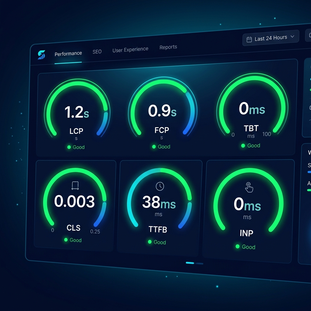 Core Web Vitals dashboard showing all 6 metrics