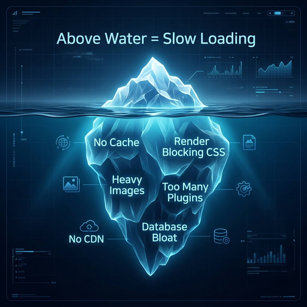 WordPress performance issues iceberg diagram - visible and hidden problems