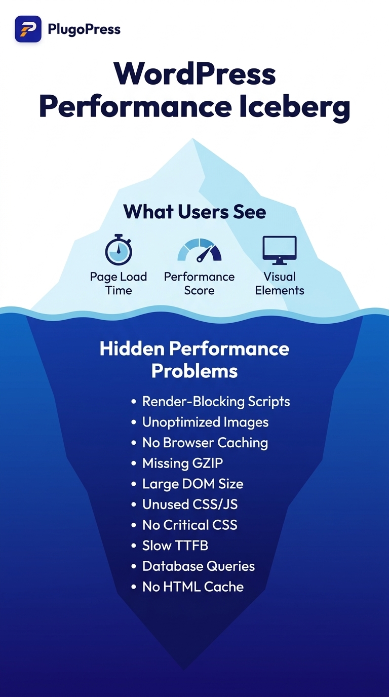 WordPress performance issues iceberg diagram - visible and hidden problems