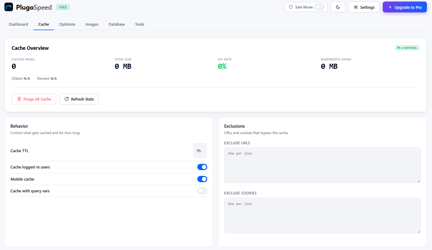 PlugoSpeed cache management settings page demonstrating WooCommerce dynamic cookie variation exclusions