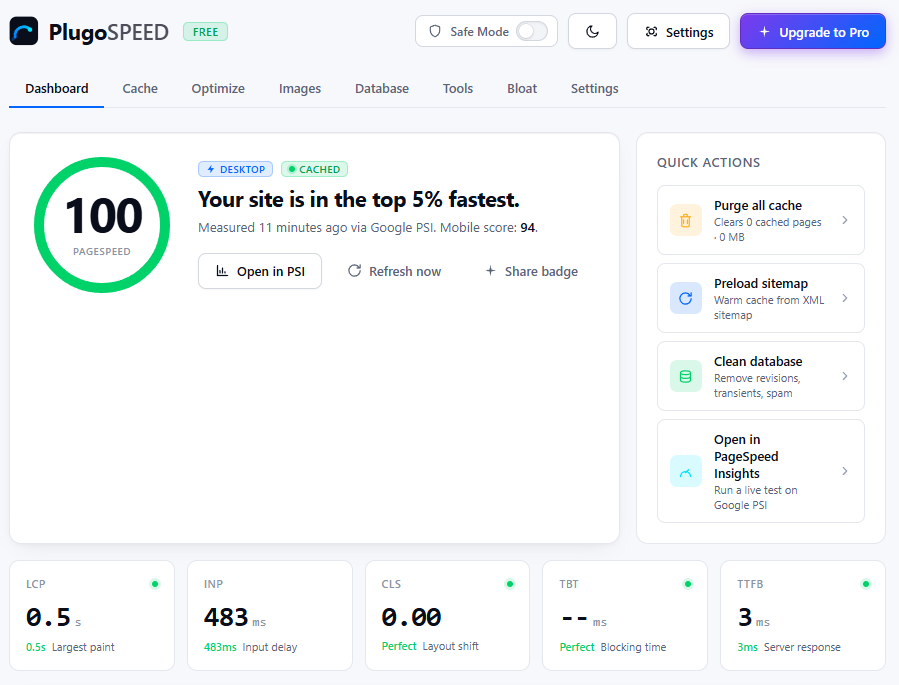 Google PageSpeed Insights report for plugopress.com showing 100/100 desktop performance score — independent third-party verification
